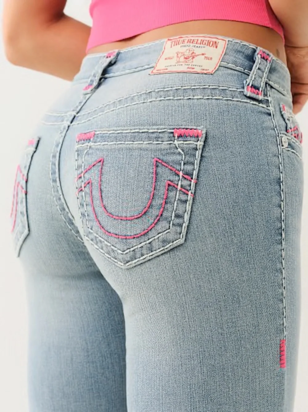 True Religion girl’s Billie mid-rise straight leg jean light blue wash with pink